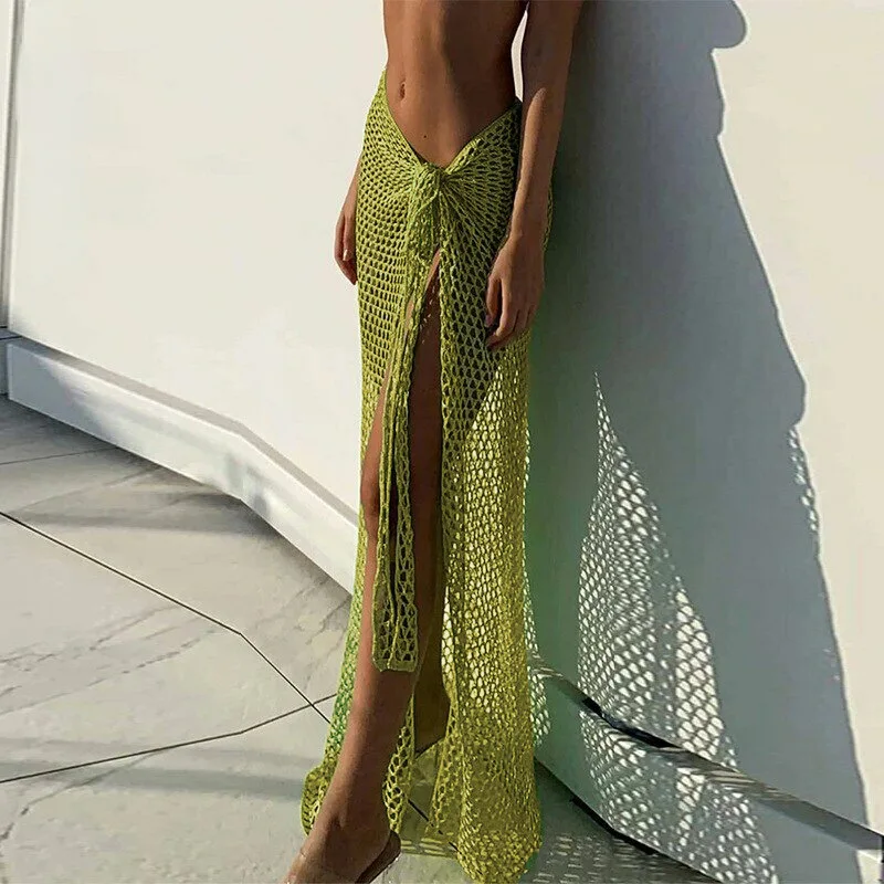 Sexy holle gehaakte strandjurk effen gebreide maxi-jurk hoge split vakantie cover-up jurk lange opengewerkte UV strand chique rok