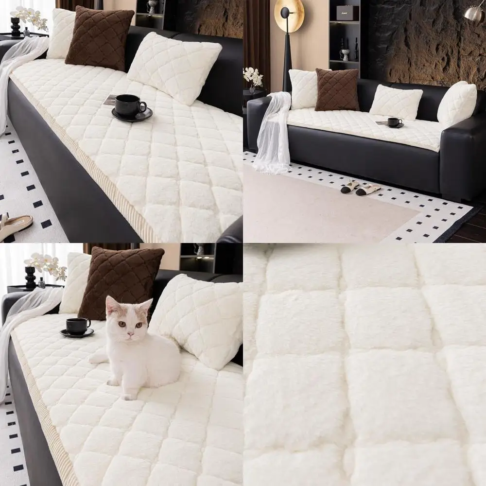

Washable Soft Fuzzy Dog Couch Cover for 3-Cushion Sofa, Pet-Friendly Anti-Slip White Plaid Cover (28x59)