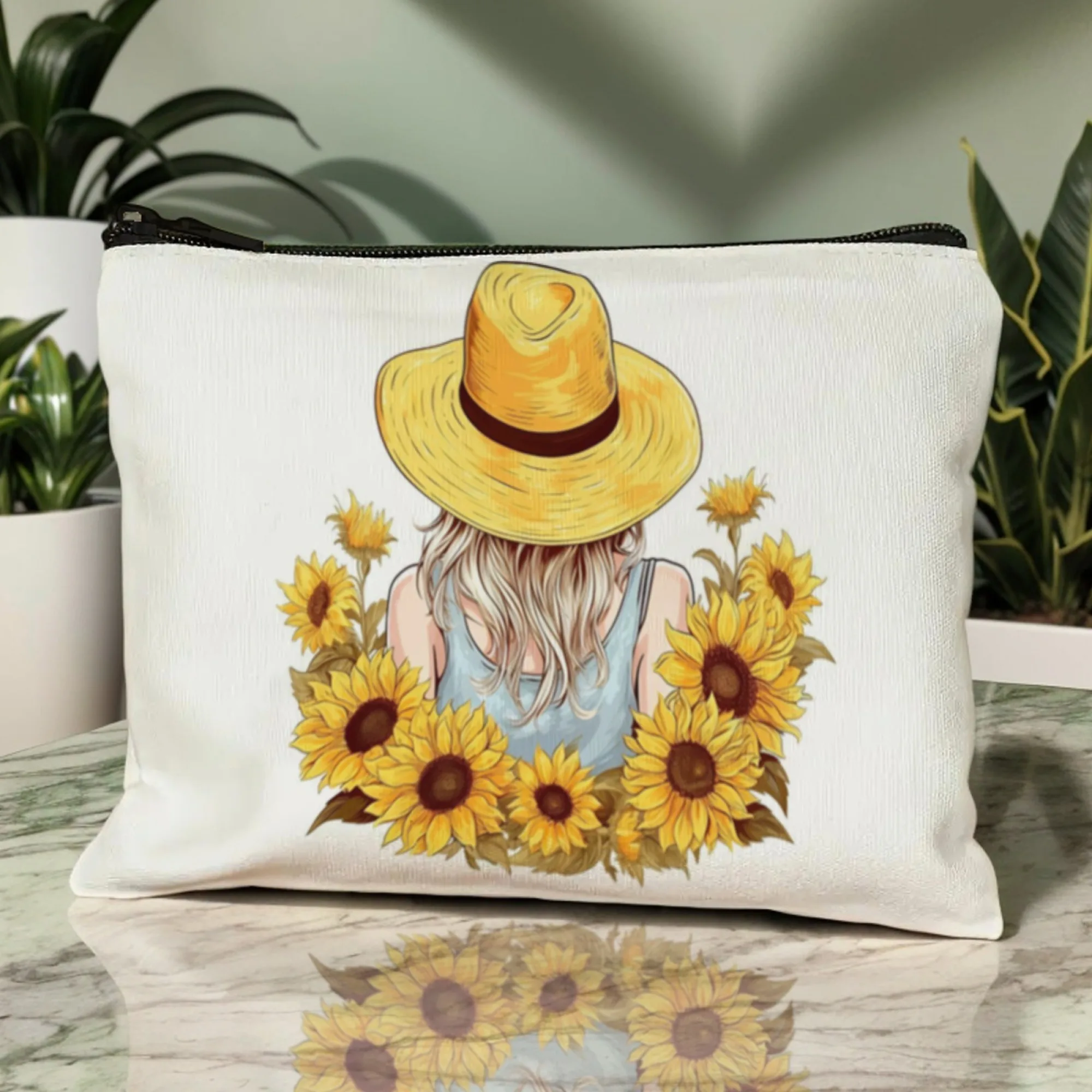 Literary Straw Hat Girl With Sunflower Cosmetic Travel Bag - Foldable Zippered Makeup Organizer, Makeup Bag Gifts For Girls