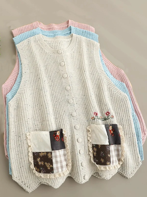 

Sweet Pure Color Knitted Sweater Vest Women's Loose Svel Patchwork Button round Ne Casual Comfortable Knitwear Top