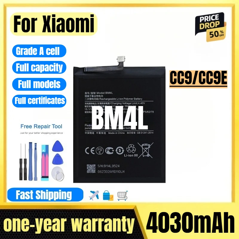 

BM4L for Xiaomi CC9/CC9E Mobile Phone Battery High Quality High Capacity Battery Replacement Bateria Grade A Cell with Tools