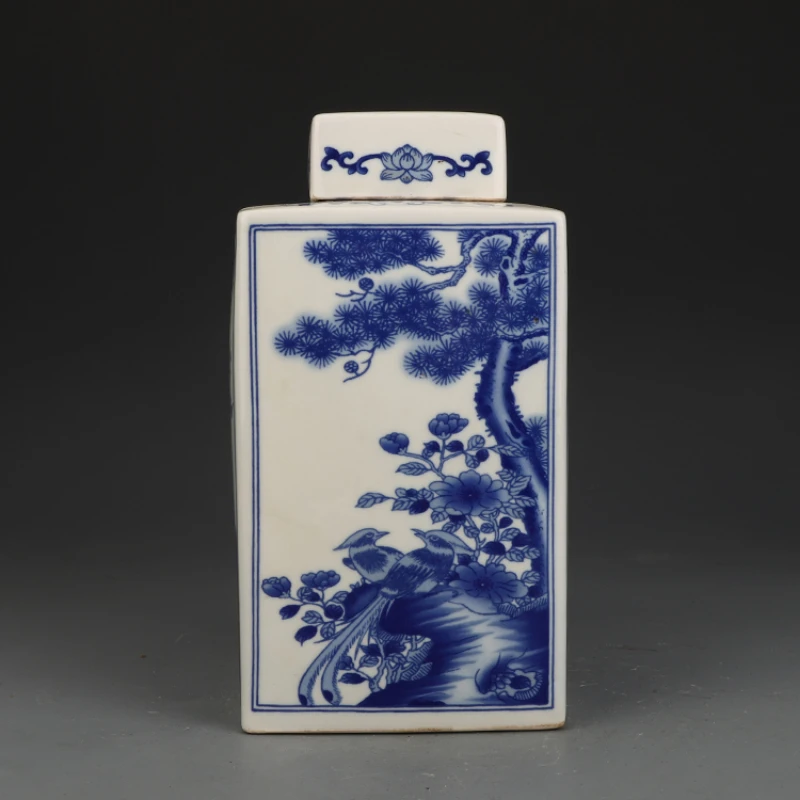 Kangxi Blue White Flowers Birds Square Jar Antique Ceramic Collection Ornaments Decorative Vase Historical Art