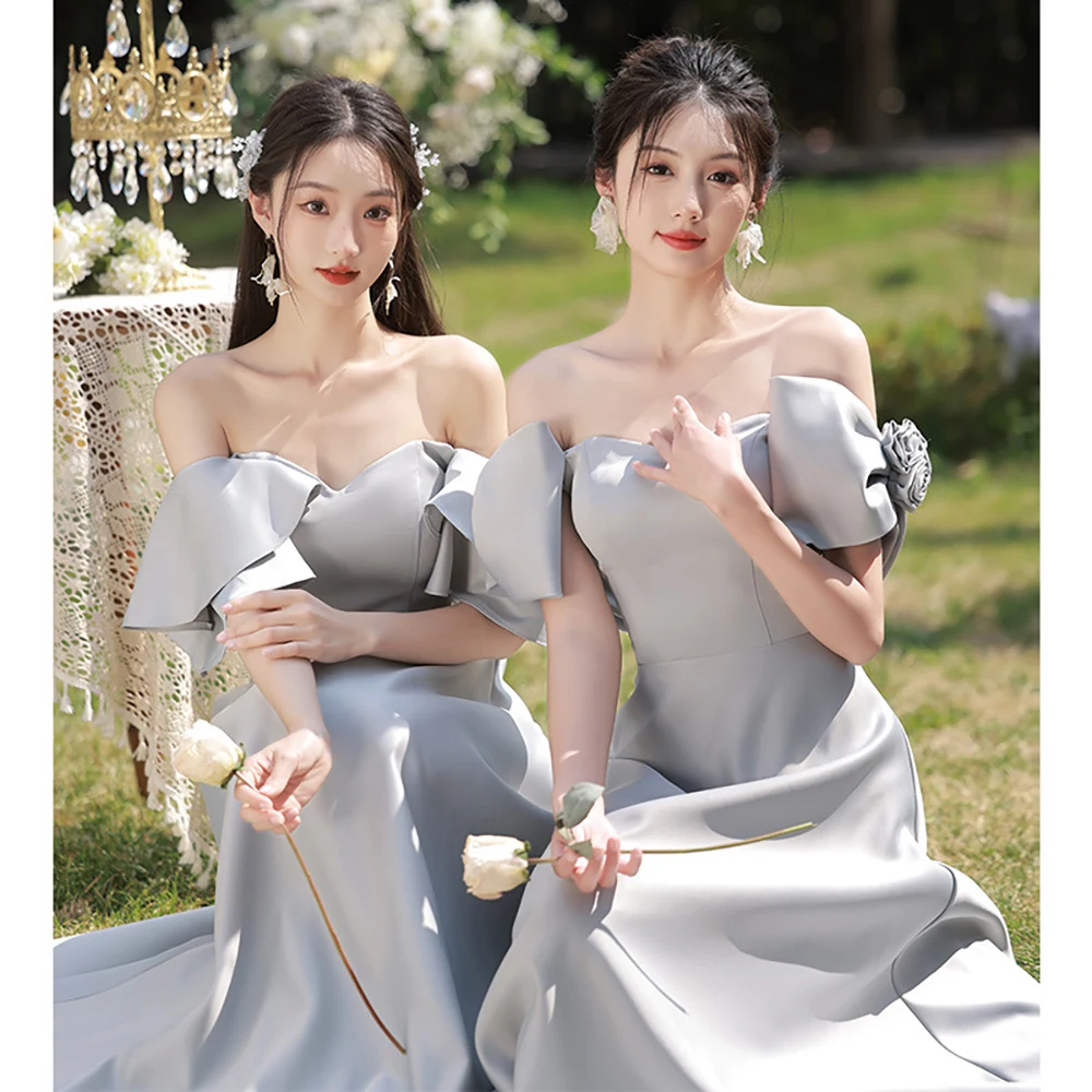 Wedding Bridesmaid Dress Women Simple Solid Color Grey Satin Sisters Bridesmaid Dresses Female Banquet Formal Gown Host Costume