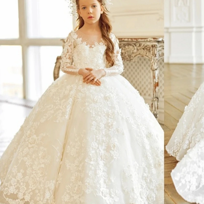 Ivory Flower Girl Dresses Luxurious Lace Floral Appliques Long Sleeve For Wedding Prom Party Pageant Gowns