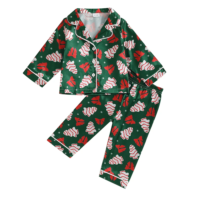 

Girls Christmas Pajama Sets Long Sleeve Lapel Christmas Tree Bow Print Shirt Pants Sleepwear