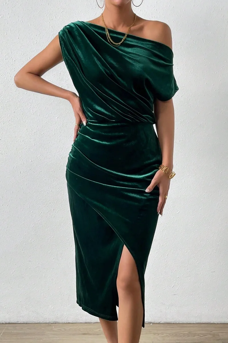 ชุดราตรีแฟชั่น ทรงเข้ารูป เซ็กซี่ สง่างาม เสื้อผ้าผู้หญิง คอเสื้อแบบเส้นเดียว ทรงไม่สมมาตร เอวกลาง จับจีบ ไหล่เฉียง ยาว