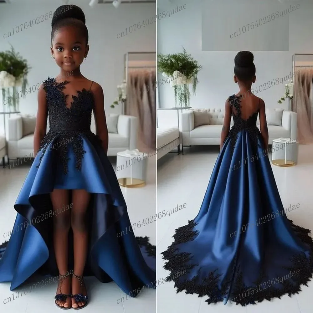 

Black Lace Blue Satin Flower Girl Dresses for Wedding Party Spoon Neck Girls Long Sleeve Pageant Gown First Communion Dress
