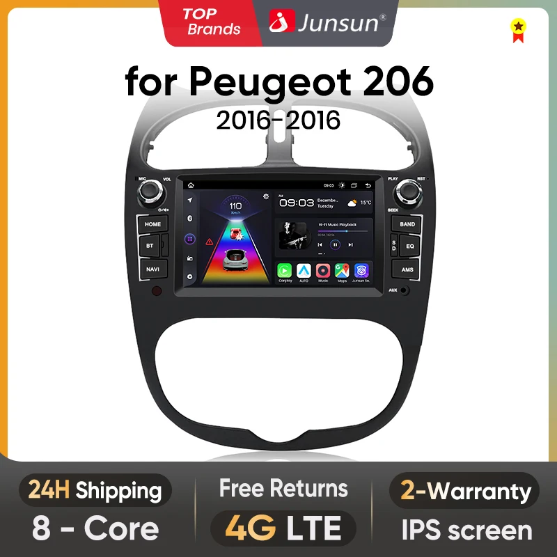 Junsun 7 inch Wireless CarPlay Android Auto Radio for PEUGEOT 206 206CC 206SW 2001-2016 4G RDS GPS Autoradio