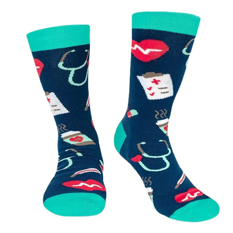 Calcetines de algodón con estampado de dibujos animados para mujer, estetoscopio, corazón, café, medicina, médico, enfermera, Unisex