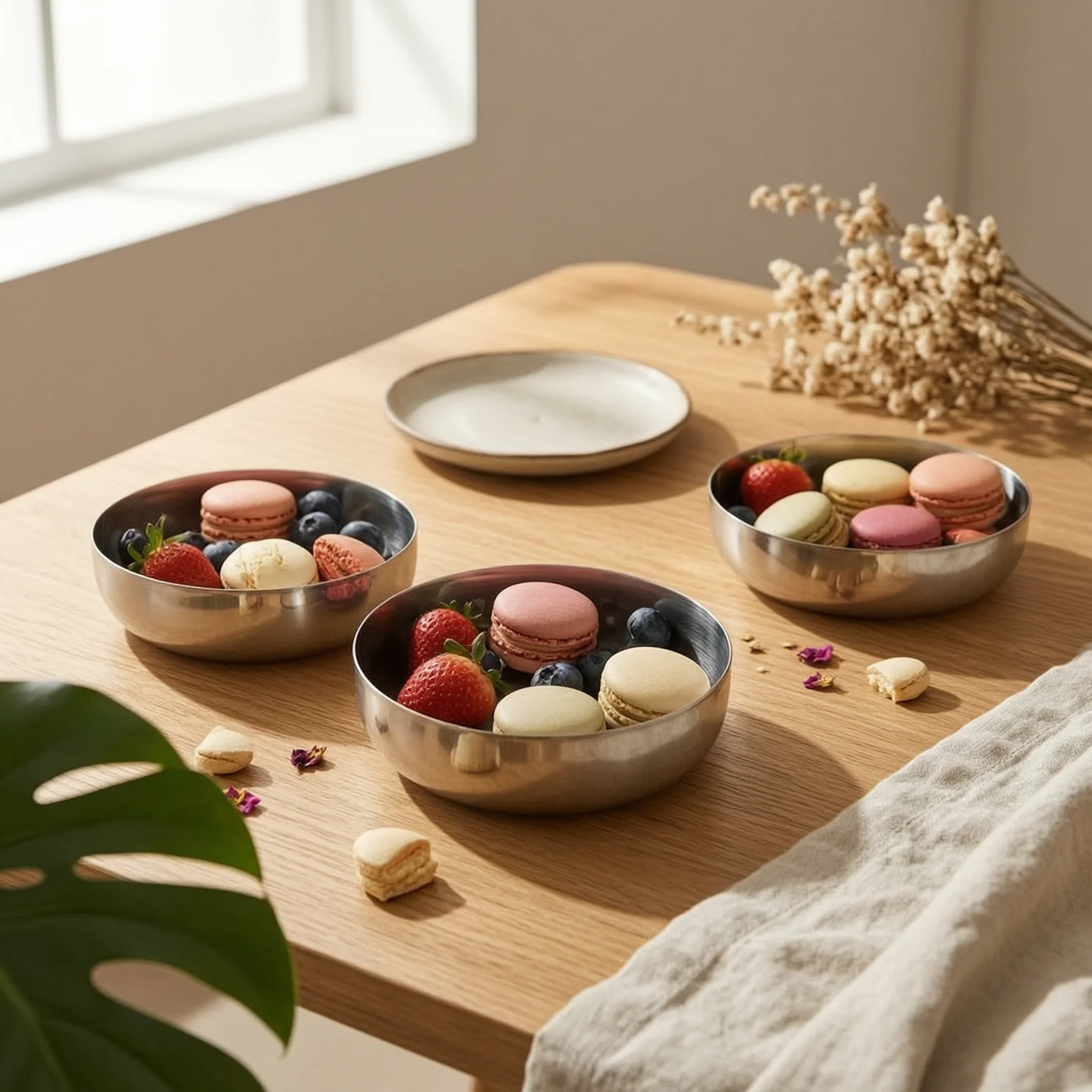 Triple Snack Bowl with Handle Rust-Resistant 3-Compartment Snack Server 3-Compartment Serving Bowl Sturdy Dishware Minimalist