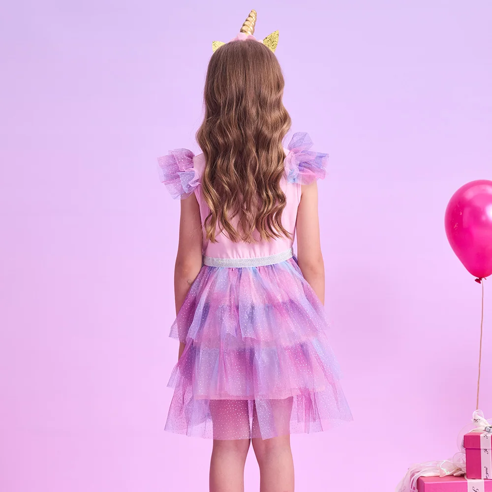 VIKITA Ragazze Unicorno Stampa Cartoon Dress Bambini Estate Abiti con maniche svasate Ragazze A strati di maglia Tulle Tutu Vestito da festa