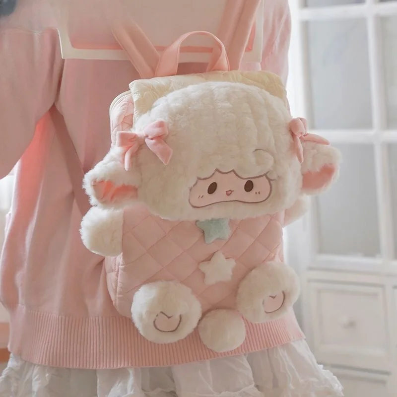 JIAERDI Sweet Cute Lamb Star Backpack Women Cartoon Plush Large Capacity Student Bag Ladies Lolita Bow Everyday Mochilas Mujer