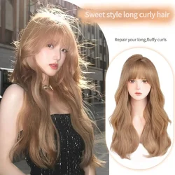 Peruca longa onda de água com Franja para mulheres, cabelo sintético macio natural, marrom frio, resistente ao calor, cosplay, festa diária