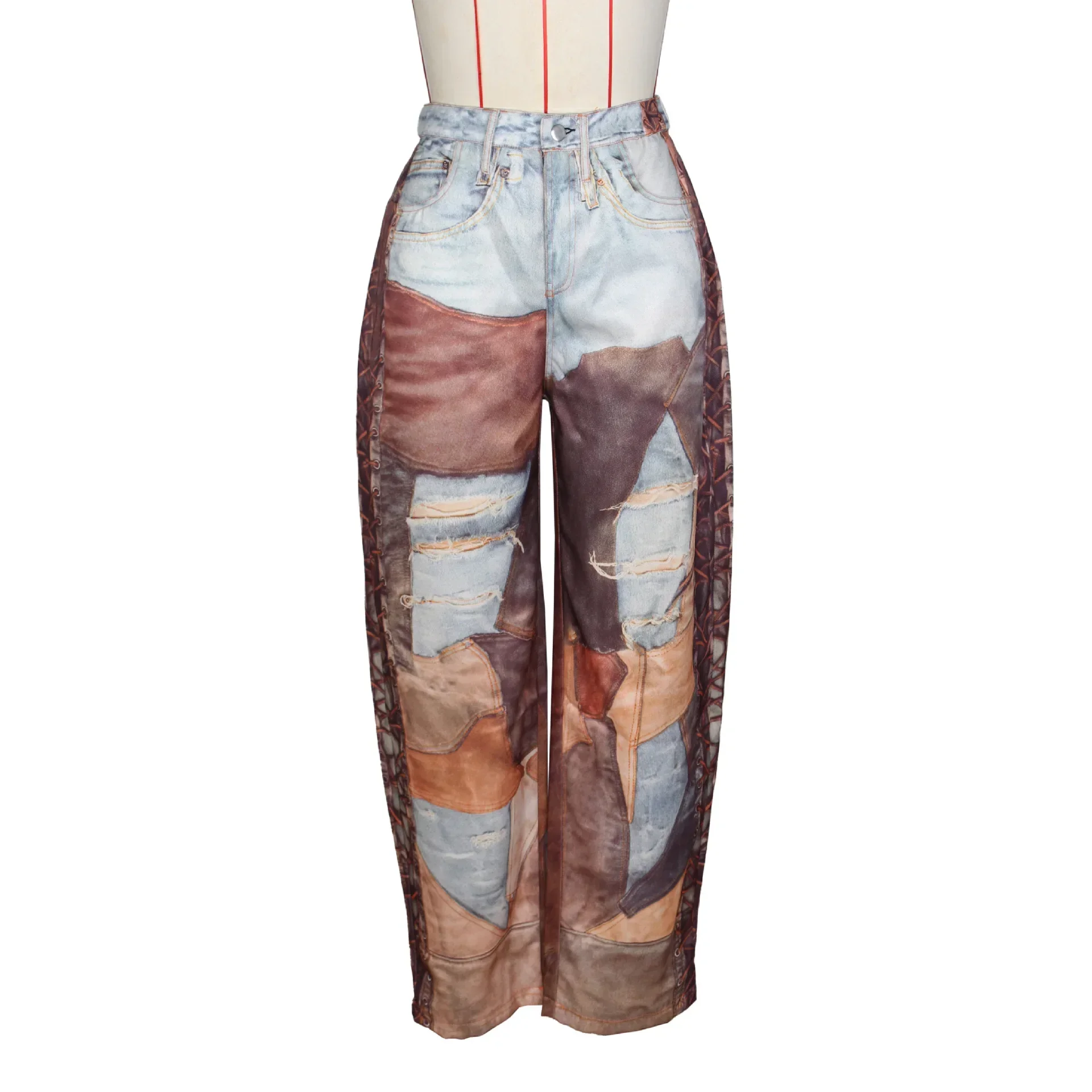 Leosoxs Women Denim Pants Spring Casual Leather 3D Printed Wide Leg Pants Streetwear Lady Loose Straight-Leg Jeans Trousers