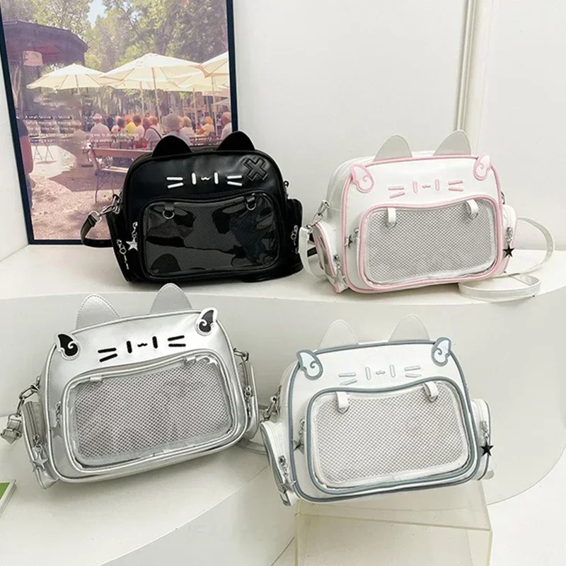 Mochilas de moda para mujer estilo Y2K, bolso japonés Kawaii Cat Ita de PU, bolsos de hombro tipo bandolera estéticos con bolsillo transparente para chicas lindas