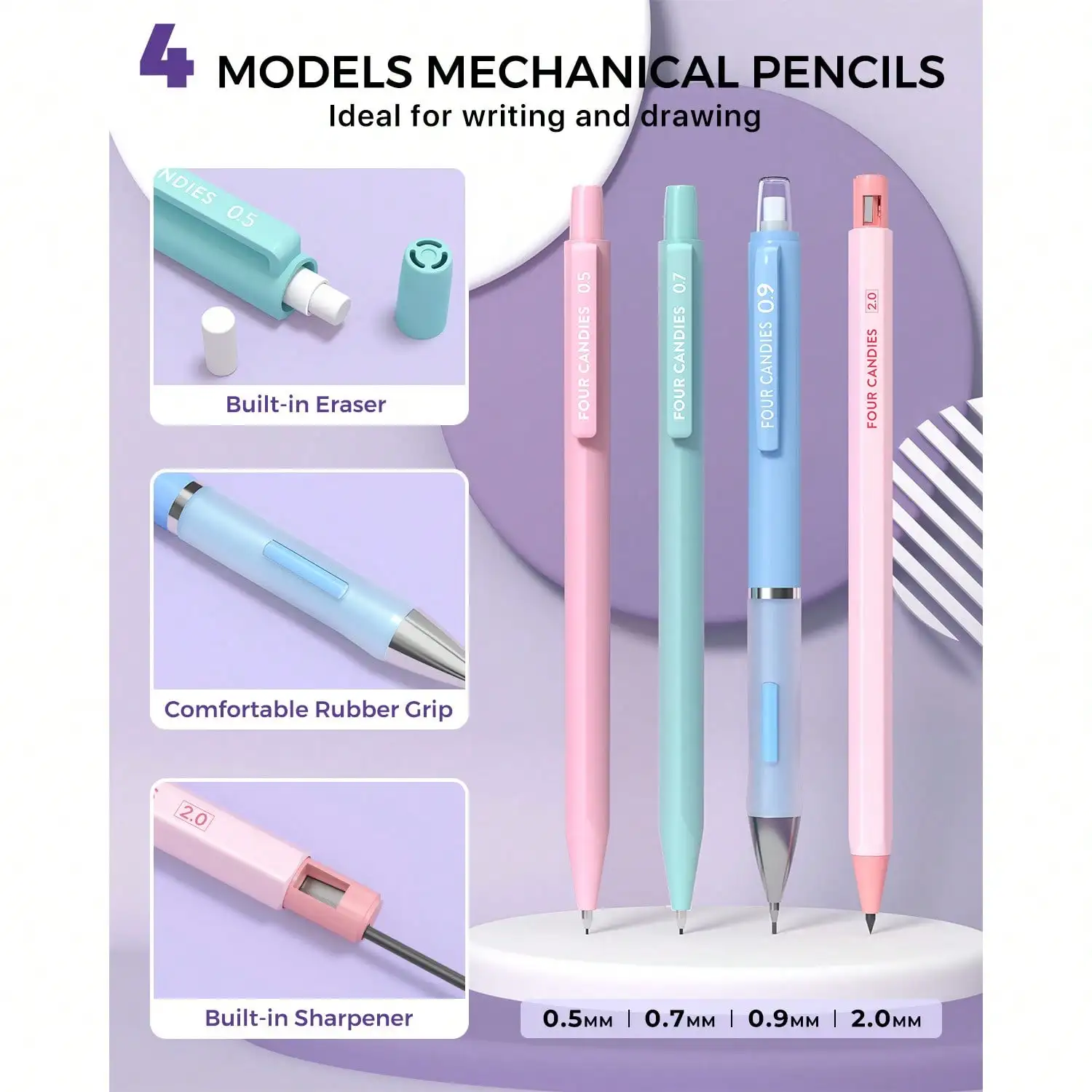 Four Candies 36PCS Mechanical Pencil Set, 0.5-2.0mm Lead Refills School Stationery Gift