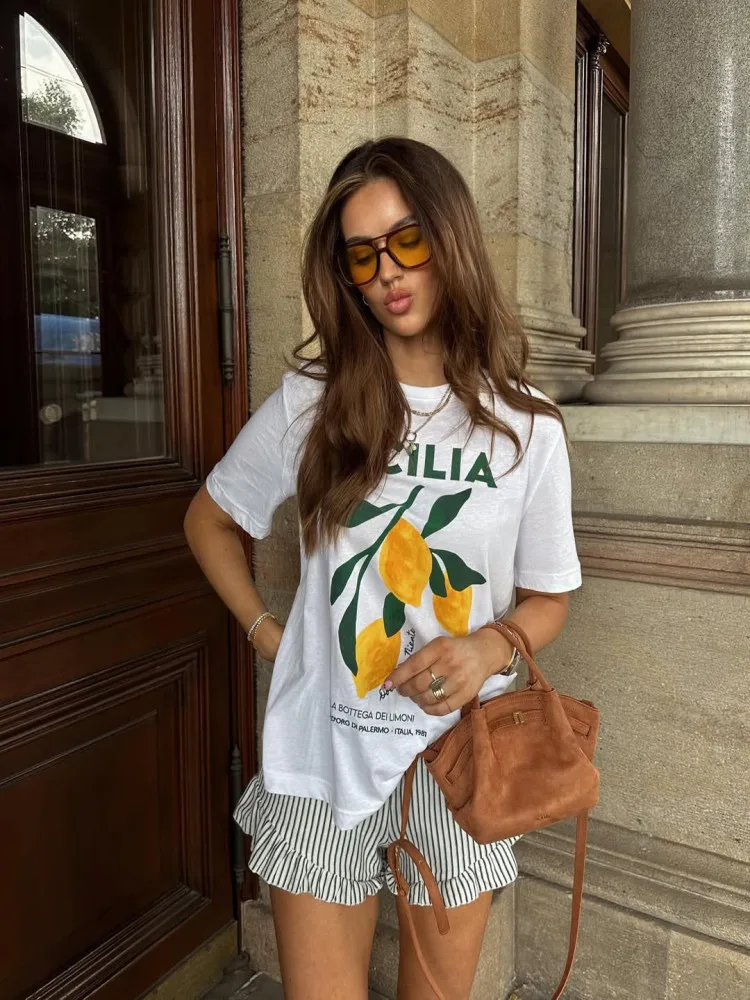 JHYF American Retro Vintage Hand-Drawn Graffiti Oil Painting Lemon Fruit Spicy Girl Short Sleeve T-Shirt Women's Street Style...