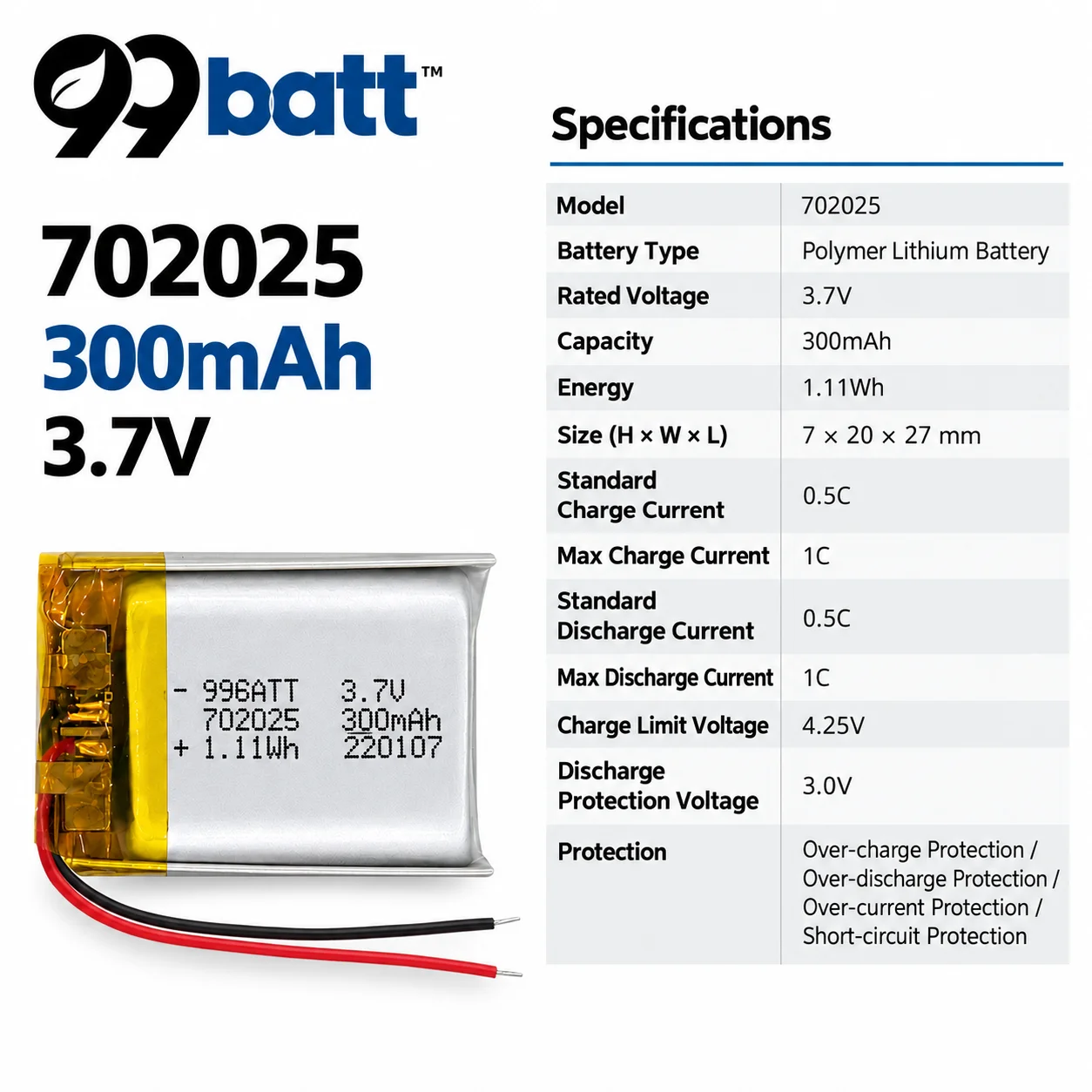 99batt 702025 3.7V 300mAh LiPo Polymer Lithium Battery Rechargeable PH2.0 Plug for GPS Bluetooth Audio LED Toys DIY Electronics