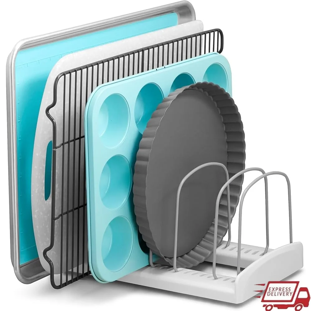 

Adjustable Bakeware Storage Rack with Non Slip Base Customizable Organizer Pans Sheets Cutting Boards