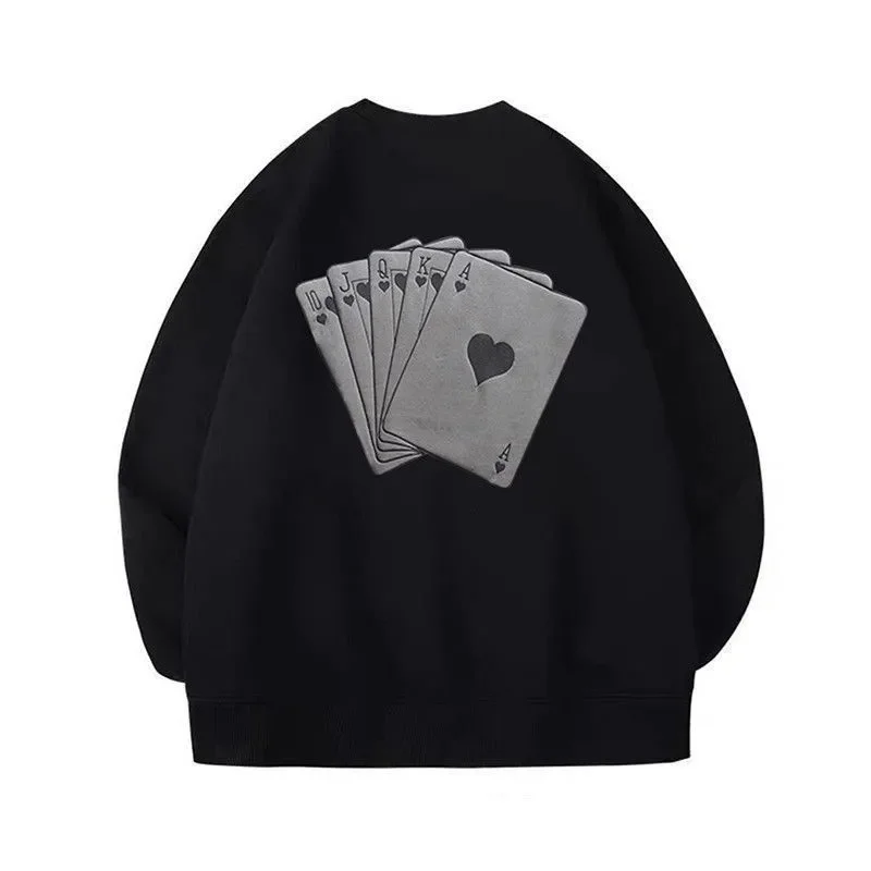 100% Katoen Amerikaanse Vintage Street Poker Bedrukt Ronde Hals Trui Heren En Dames Modemerk Losse Paar Pluche Jas