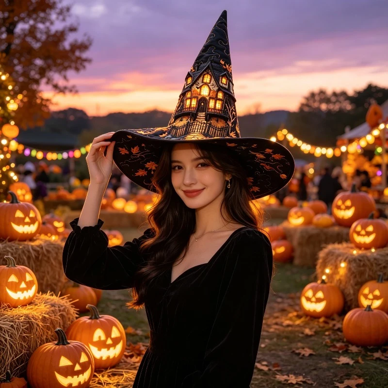 Customization Halloween Gloomy Castle Quilted Witch Hat, Wizard Hat With Haunted House, Bat And Maple Leaf Patterns