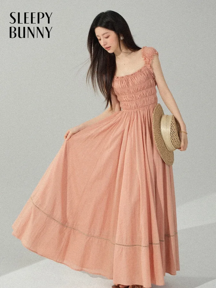 Women Square Neck Maxi Dress Smocked Waist A Line Flowing Long Dress Elegant French Style Vacation Summer Beach Outfit Lady Wear