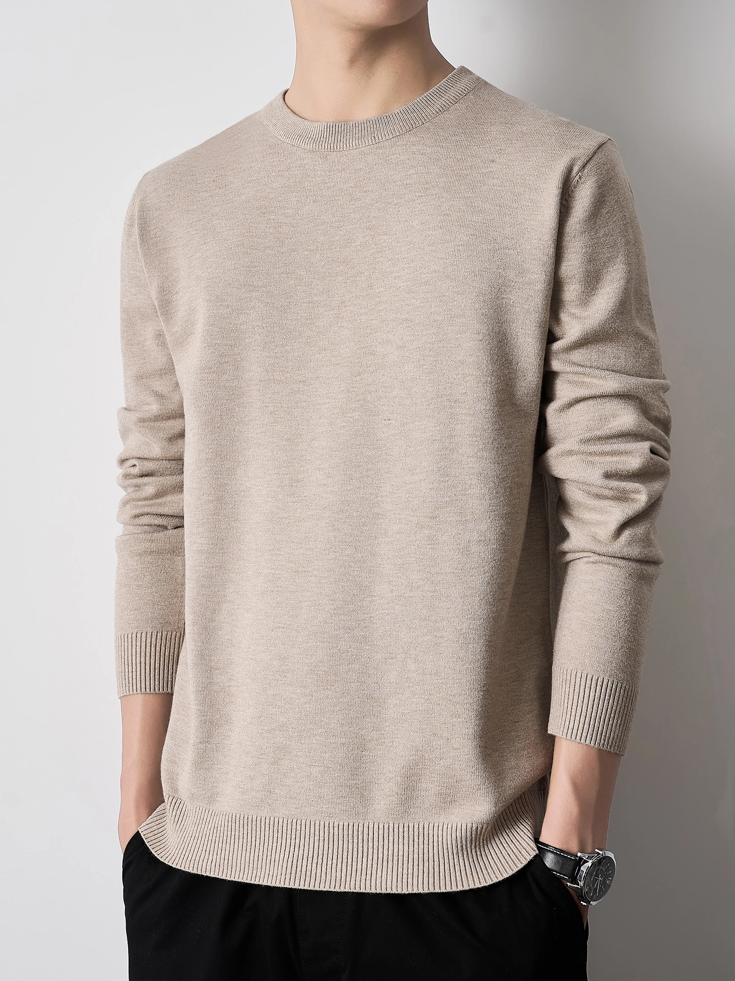 

ay Fce Lined Long Sve round Ne Knitwear Men's Autumn Warm Base Layer T-irt Korean Sle Inner Wear Casual Youthful
