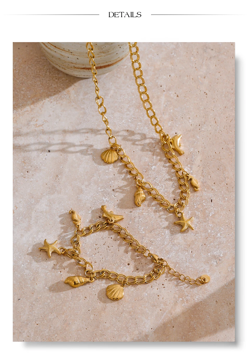 Yhpup Ocean Style Stainless Steel Seashell Conch Starfish Seahorse Drop Necklace Bracelet Bangle Waterproof Summer Daily Jewelry