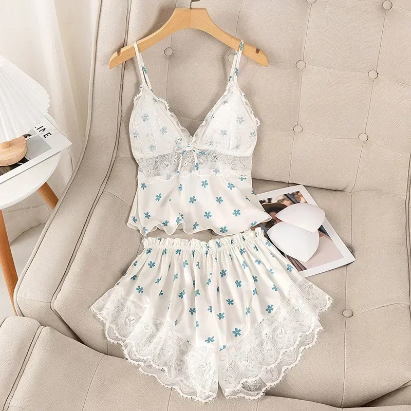 

Summer Print Pyjamas Suit Women Sleepwear Lace Hollow Out Pajamas Set Sexy Strap Top&Shorts PJS Lingerie Satin Homewear