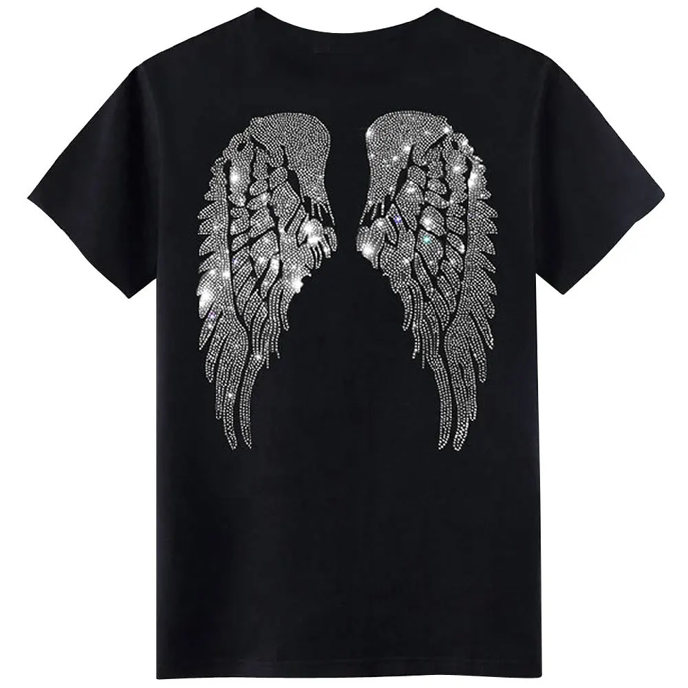 Rhinestone Wings Men\'s T-shirt Short Sleeve 2024 Summer Heavy Industry Hot Drill Social Tops Tees Male Clothing Unisex Tshirts