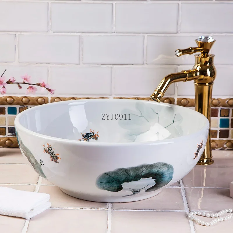 Art Table Basin round Retro Wash Basin Bathroom Ceramic Washbasin Home Creative Balcony Chinese Inter-Platform Basin