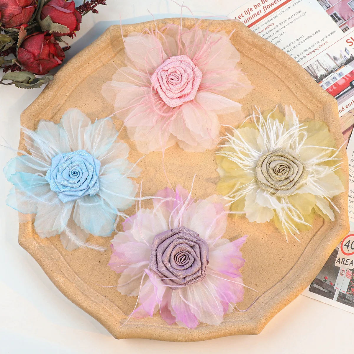 Dark Thorn Rose Flower DIY Handmade Feather Headwear Accessories Clothing Auxiliary Materials Shoe Flowers Decorative Items