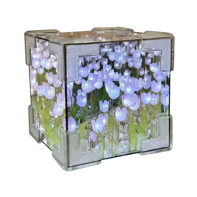PORK-DIY Tulips Mirror Cube Night Light Room Lamp Decor Ornament Handmade Material Package Desk Decoration C