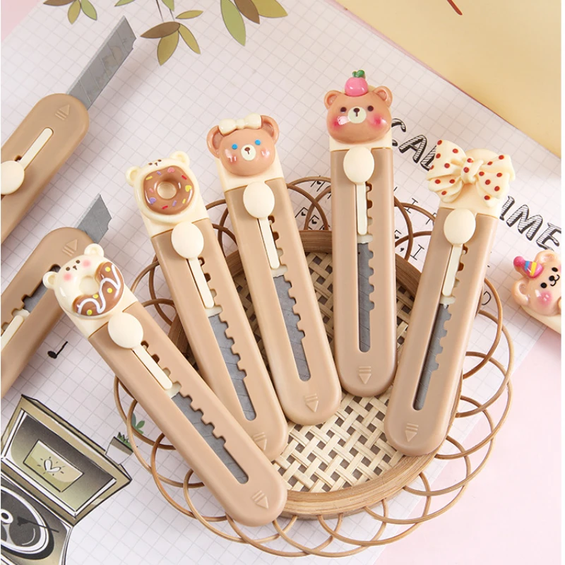 1 Piece Cartoon Utility Knife for Student Cute Fashion Box Cutter Small Portable Kawaii Beige Coffee Color Letter Opener Office