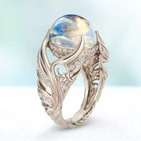 Creative Hollow-out White Swan Colorful Imitation Moonstone Ring Women's Fashion Fashion Jewelry