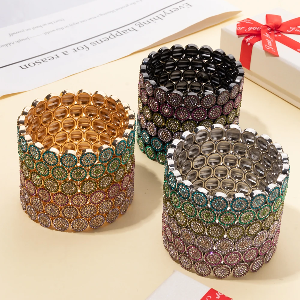 New Fashion Paved Enamel Bracelets For Women Gold Color Round Elastic Boho Bangle Hand Accessory