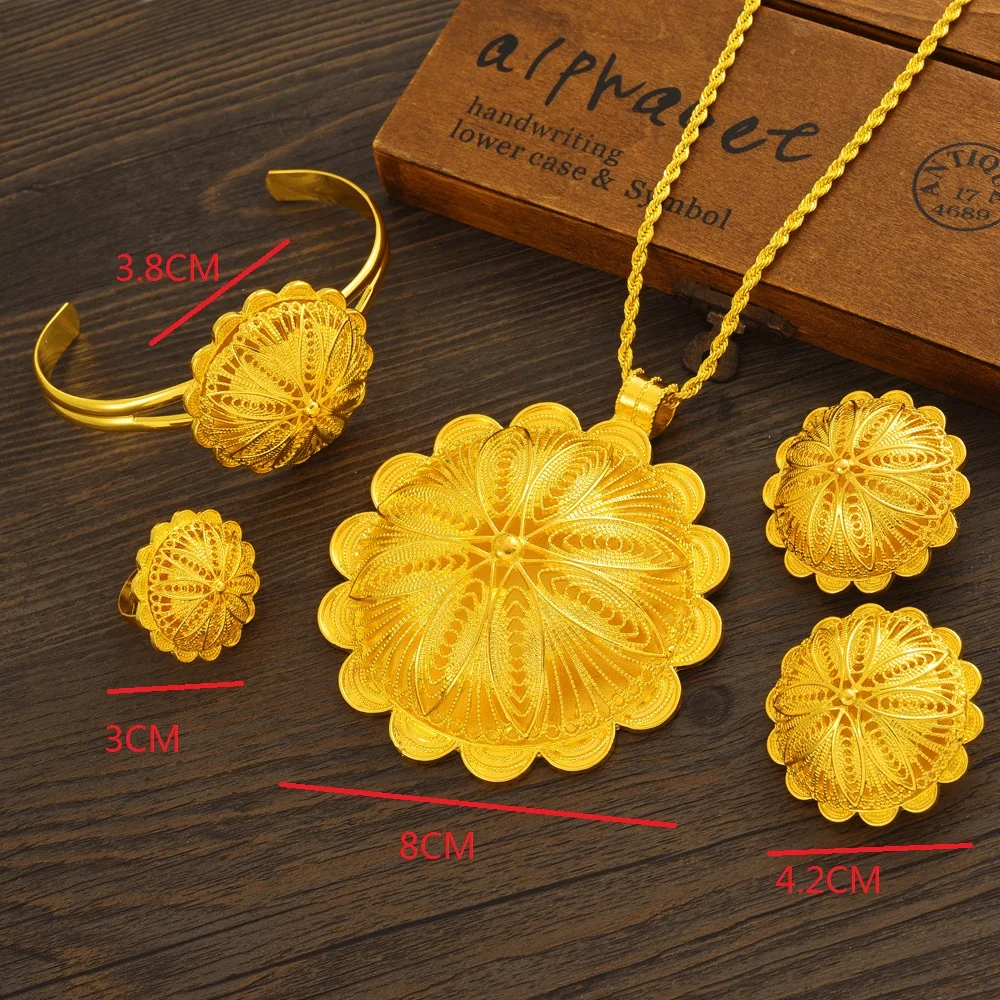 Fashion Gold Color Ethiopia Eritrea Big Pendant High Quality Jewelry Set Chain Ring Earring Women Habesha Wedding Party Gift