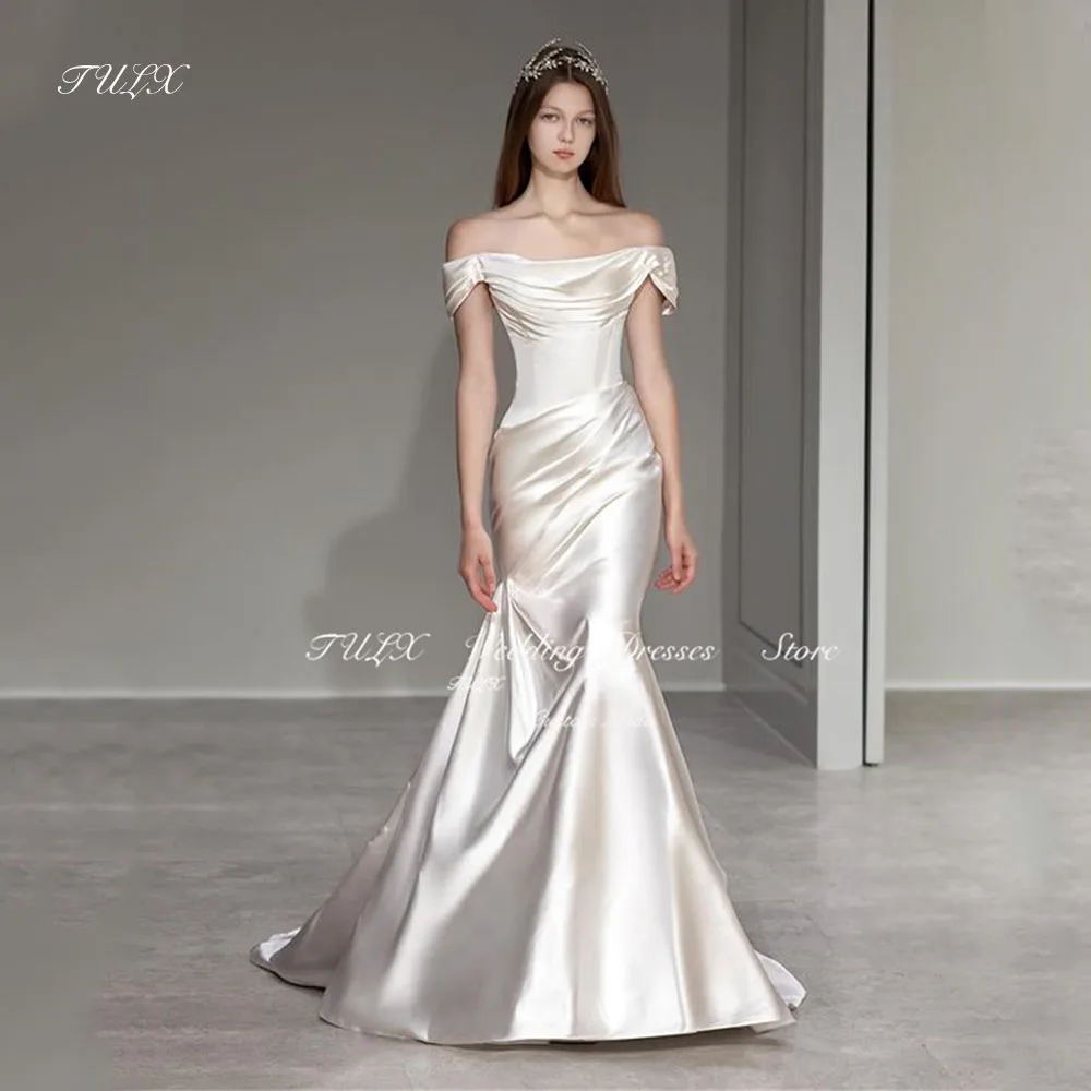 

TULX Elegant Off the Shoulder Korea Wedding Photo Shoot Mermaid Long Satin Bridal Gown Corset/Zip Evening Party Dress Custom