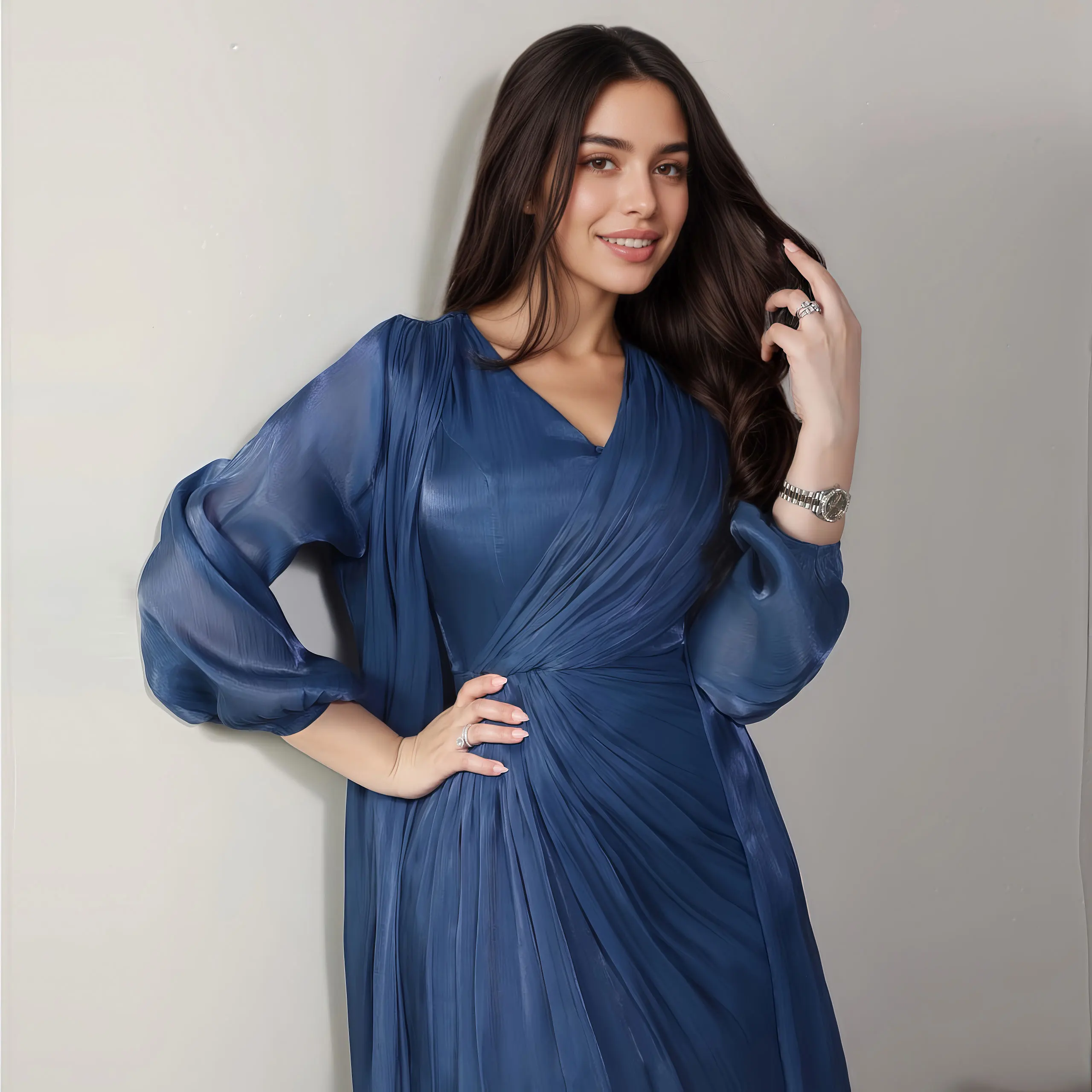 

Женское стильное синее платье из двух частей в Дубае, асимметричное платье без рукавов с подходящим халатом, идеально подходящее для элегантных и шикарных мероприятий