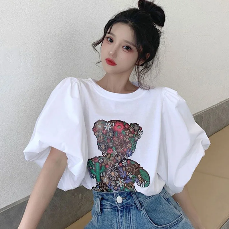 Stylish O-Neck Loose Printed Folds Puff Sleeve Blouse Female Clothing 2023 Summer New Casual Pullovers All-match Korean Shirt