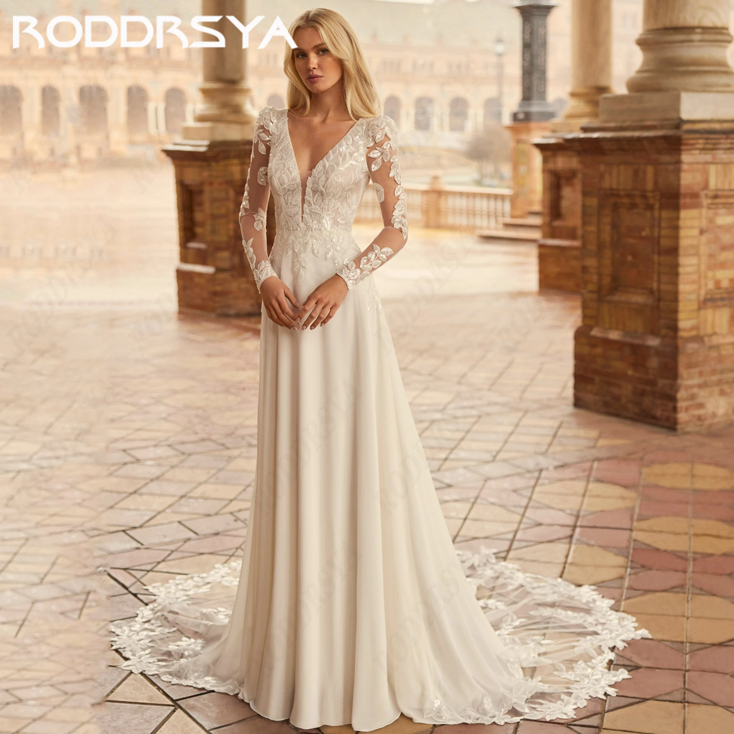 RODDRSYA Detachable Sleeves Wedding Dress Illusion Lace Applique Birde Gown V Neck Chiffon Bridal Dresses For Women Customized