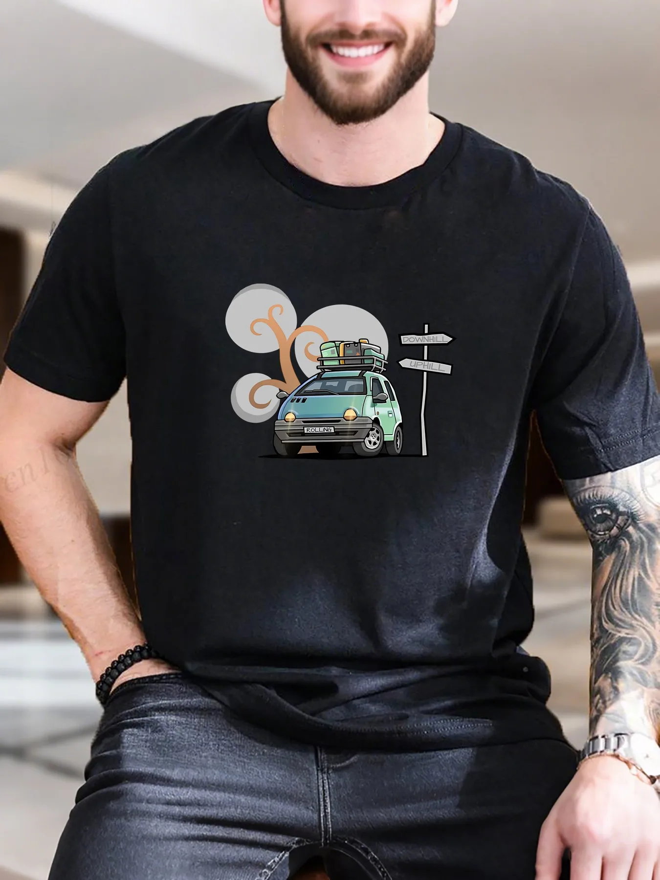 Nowa Kolekcja Męska Koszulka Bawełniana z Nadrukiem Samochodu Oddychająca Wygodna Casualowa Modna Niezbędna na Podróże i Wakacje W