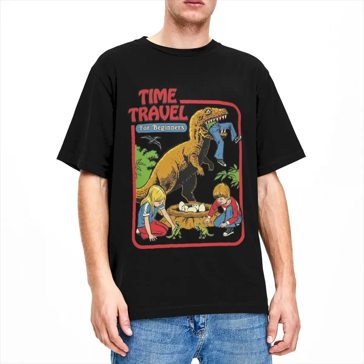 Time Travel 80s 70s Dinosaurs T Shirts for Men Women 100% Cotton Amazing Dark Humour Tee Shirt Short Sleeve Clothes New Arrival