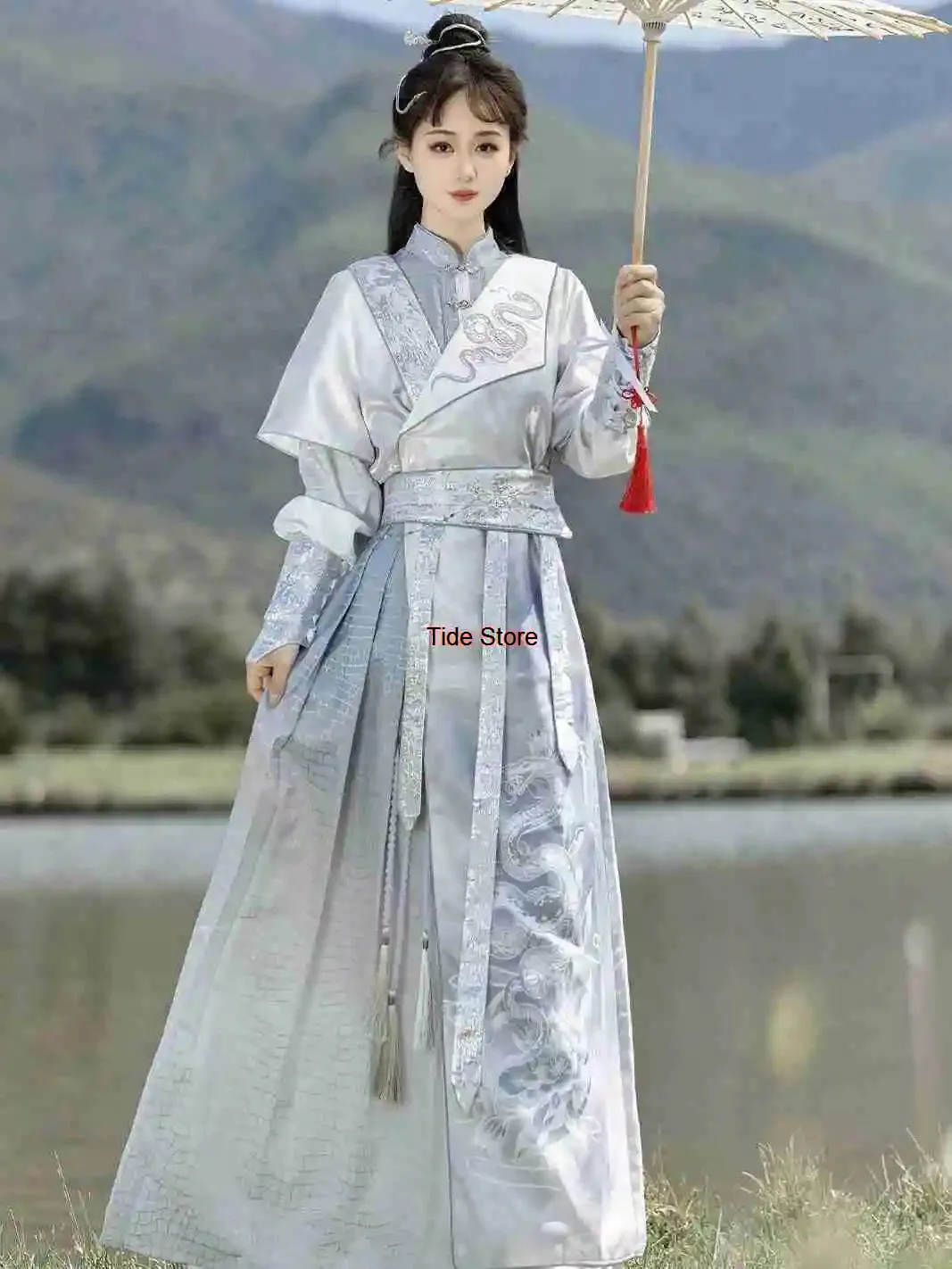

Улучшенное платье Hanfu с изображением серебряной змеиной легенды и наручниками, комплект для мужчин и женщин, красивый древний костюм в стиле феи, новинка