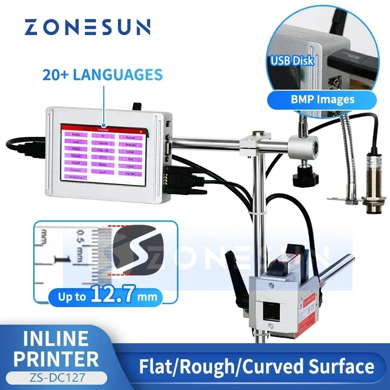 ZONESUN ZS-DC127 Inline Printer Date Coding Machine 12.7mm QR Code Barcode Batch Serial Number