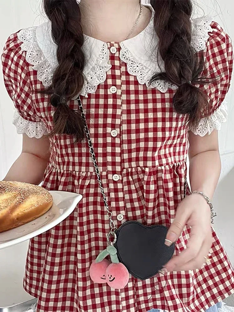 Rot Karierte Bluse Frauen Kawaii Peter Pan Kragen Spitze Rüschen Hemd Japanische Mädchen Nette Puff Sleeve Vintage Tops Blusas