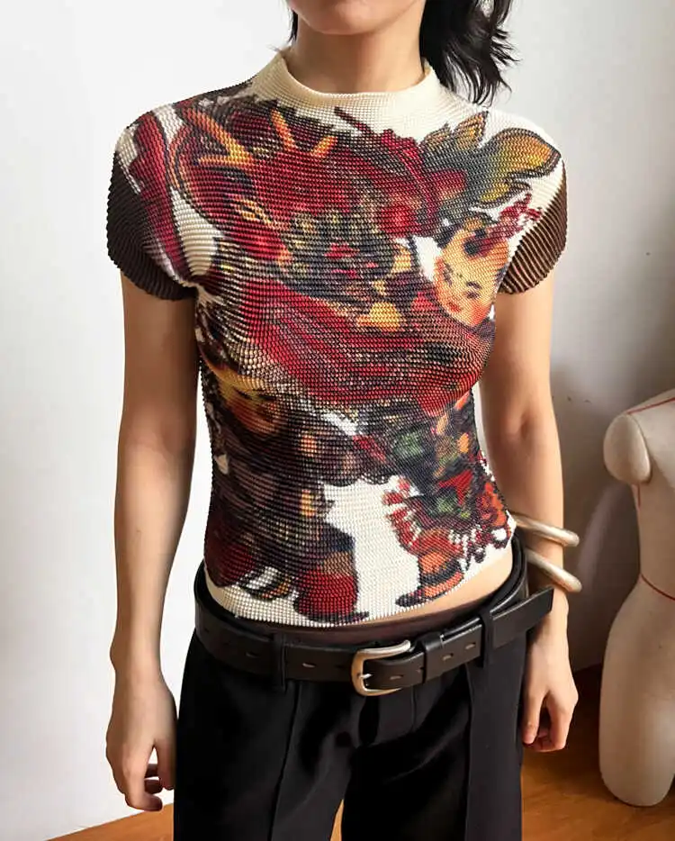 

Женский летний тонкий топ Slim Fit с плиссированным узором, круглым вырезом, из полиэстера, повседневный, базовый, модный