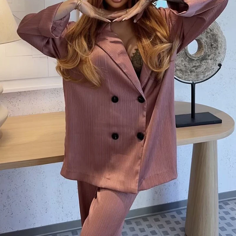 YENKYE New Women Elegant Casual Solid Double-breasted Blazer Lapel Collar Long Sleeve Autumn Loose Outerwear