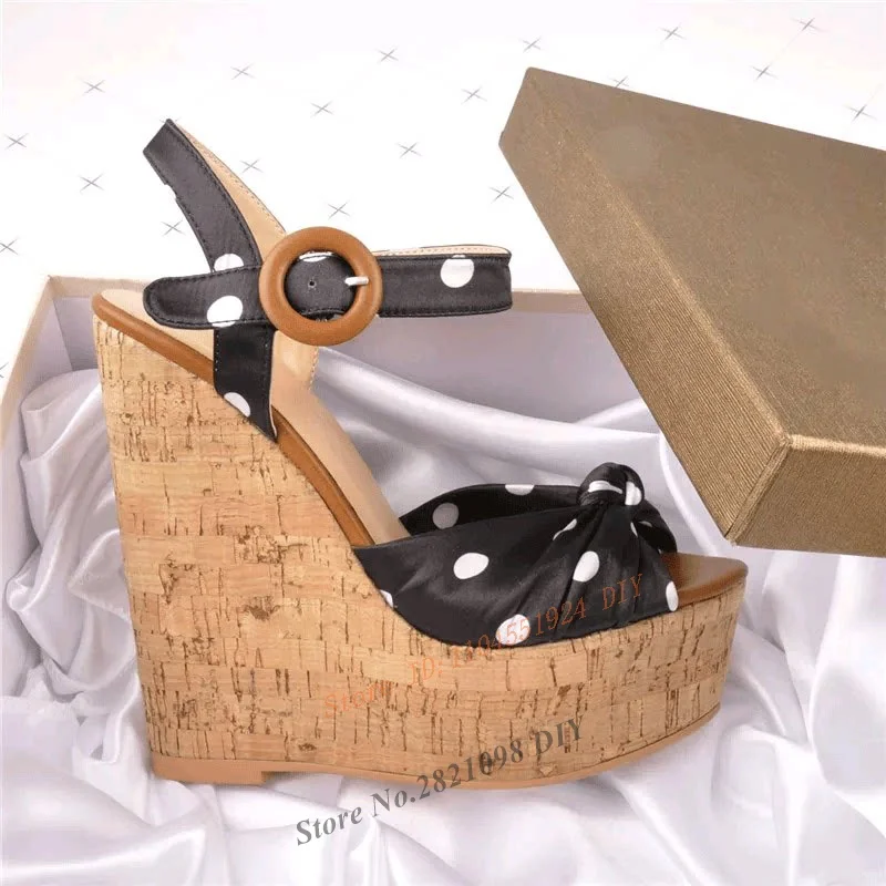 

Polka Dot Open Toe Wedge Platform Wood Heeled High Heel Sandals Women Ankle Wrap Fashion Party Shoes Wedges