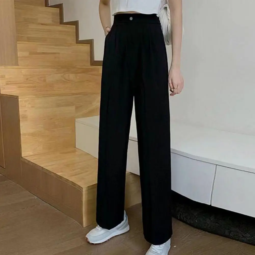 Spring Summer Women High Waist Suit Pants Solid Color Button Pocket Pants Thin Style Straight Wide Leg Long Trousers Streetwear